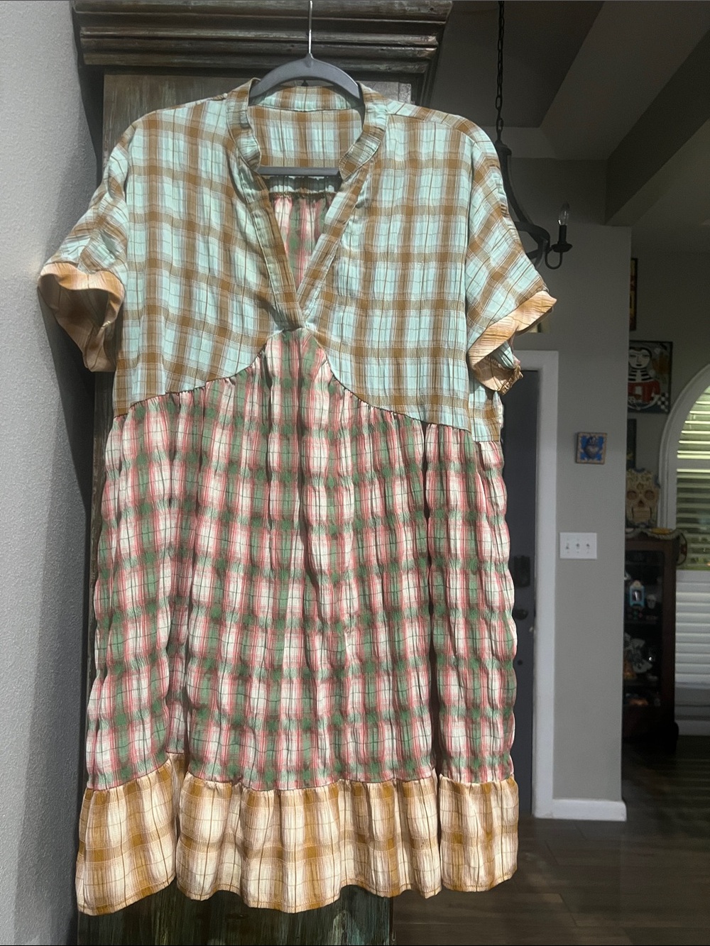 Source Unknown Plaid Mini Dress in Light Blue, Orange , Green, Tan